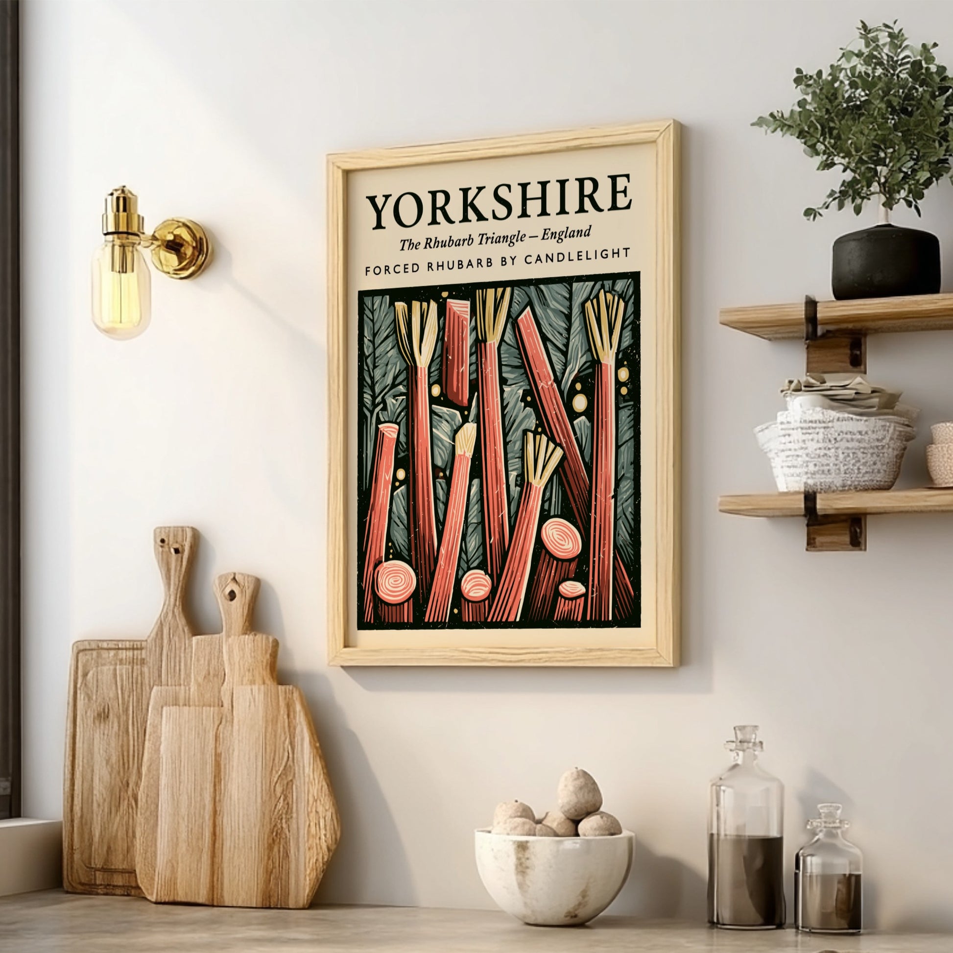 Kitchen poster featuring vibrant Yorkshire rhubarb with red stalks and textured background for warm decor