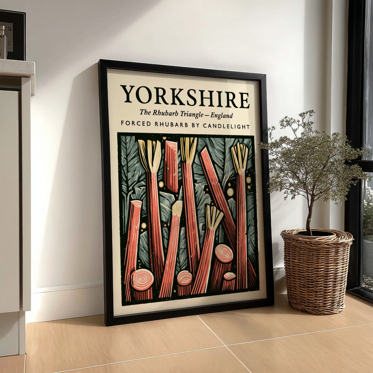Kitchen poster featuring vibrant Yorkshire rhubarb with red stalks and textured background for warm decor
