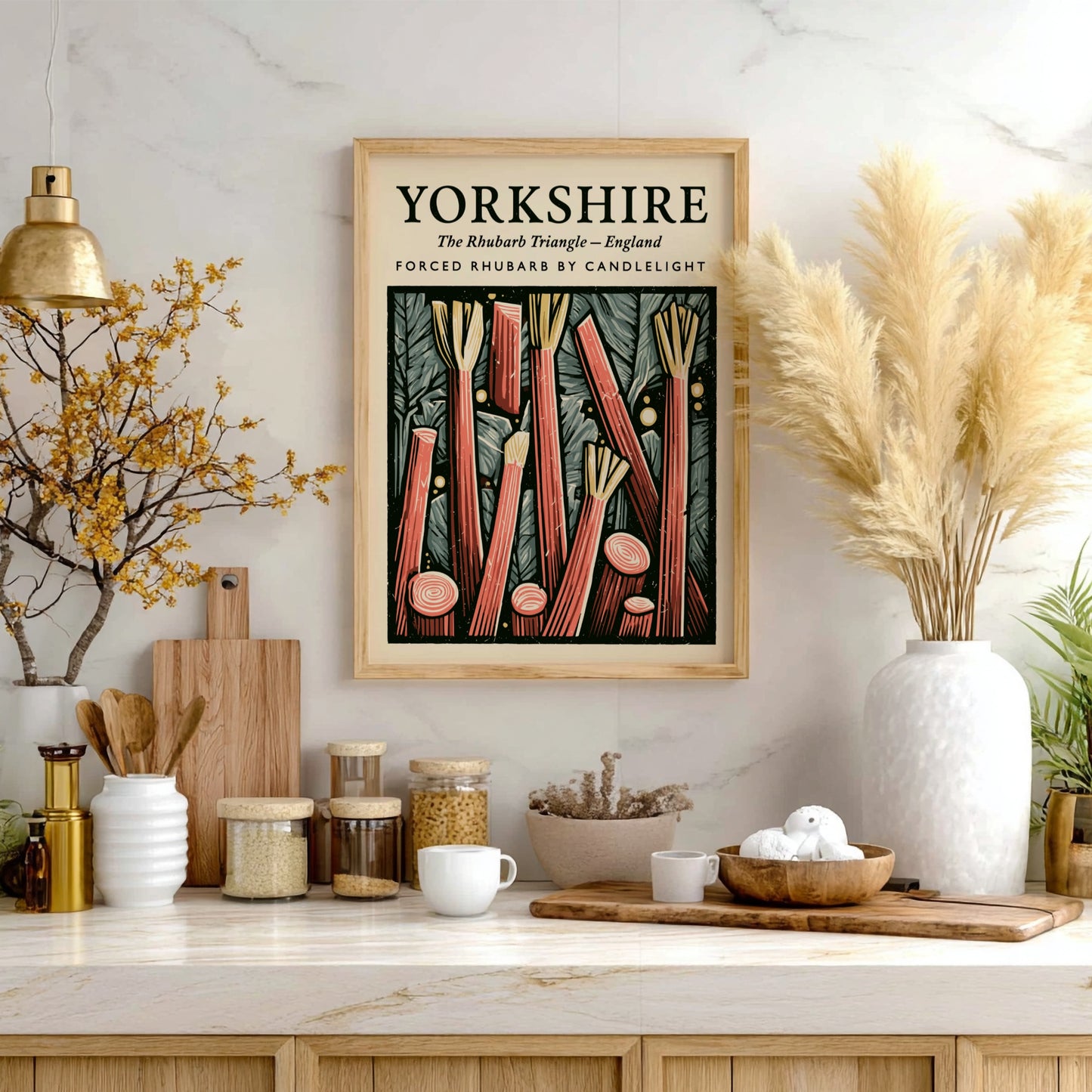 Kitchen poster featuring vibrant Yorkshire rhubarb with red stalks and textured background for warm decor