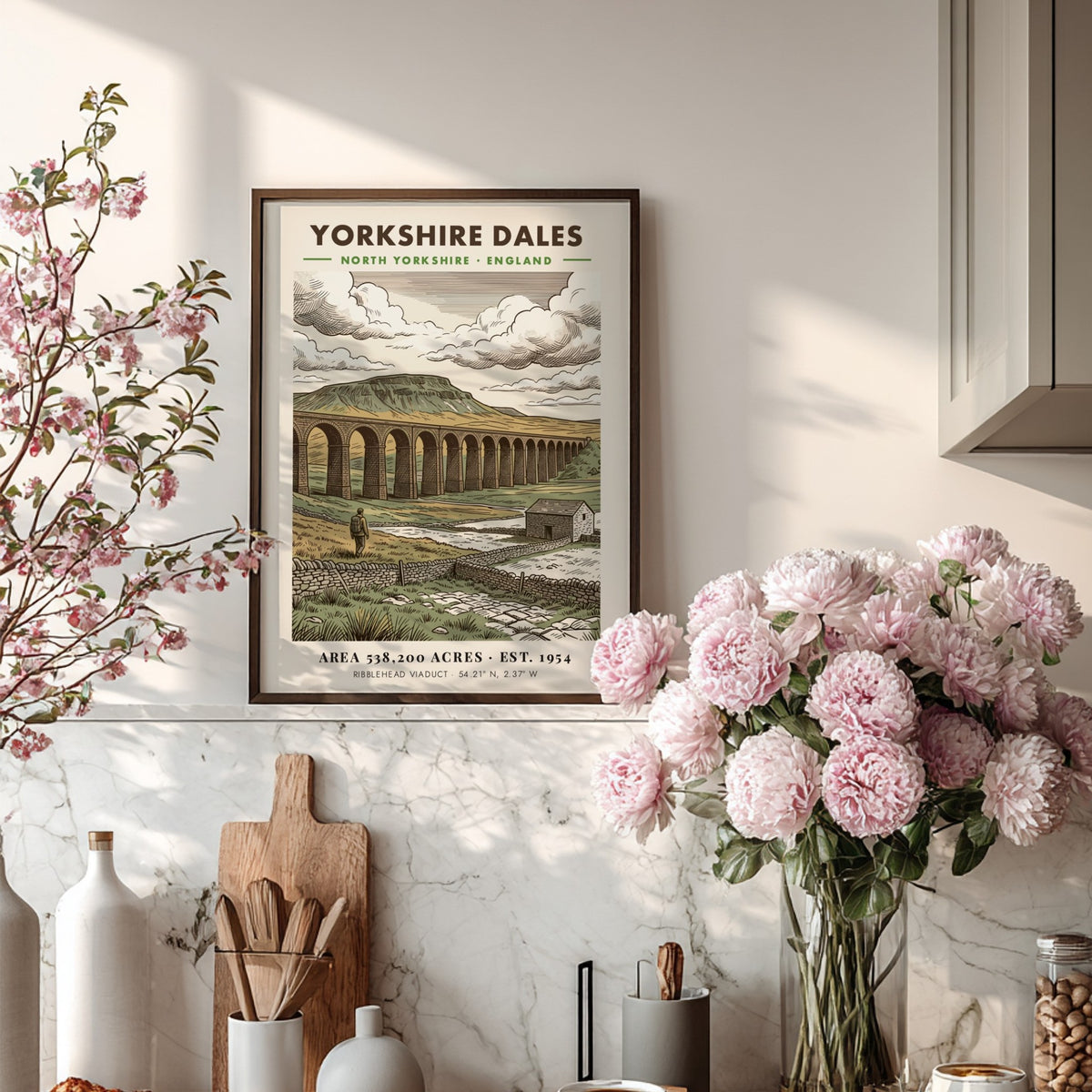 Yorkshire Dales poster featuring the Ribblehead Viaduct in a classic illustrated landscape style.