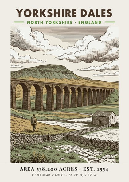 Yorkshire Dales poster featuring the Ribblehead Viaduct in a classic illustrated landscape style.
