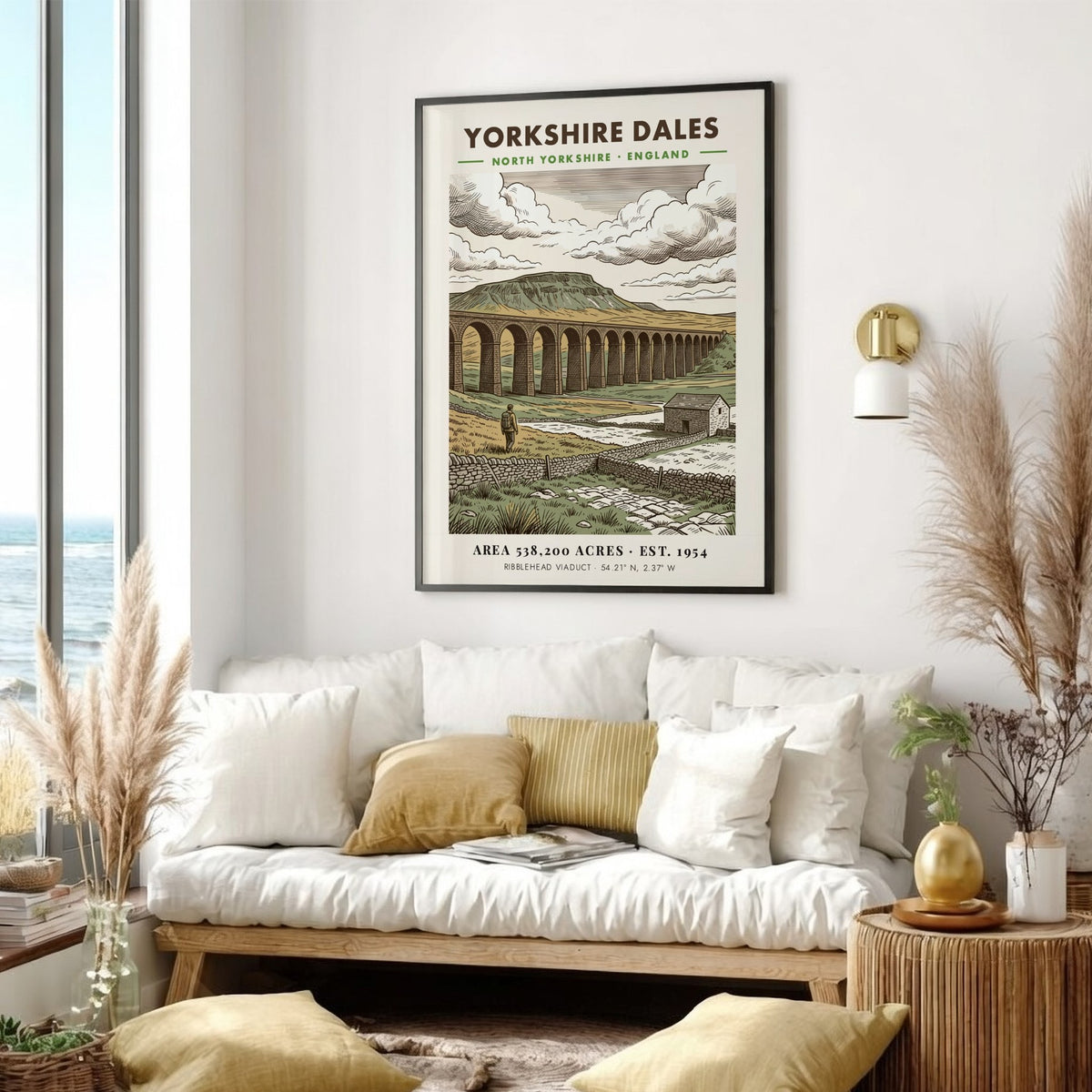 Yorkshire Dales poster featuring the Ribblehead Viaduct in a classic illustrated landscape style.