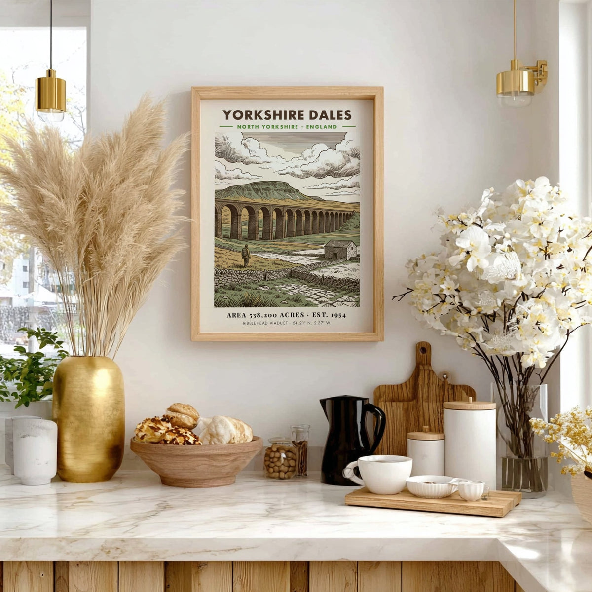 Yorkshire Dales poster featuring the Ribblehead Viaduct in a classic illustrated landscape style.