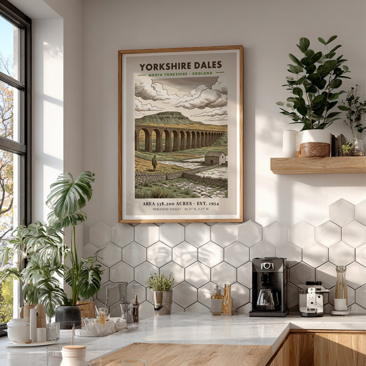 Yorkshire Dales poster featuring the Ribblehead Viaduct in a classic illustrated landscape style.