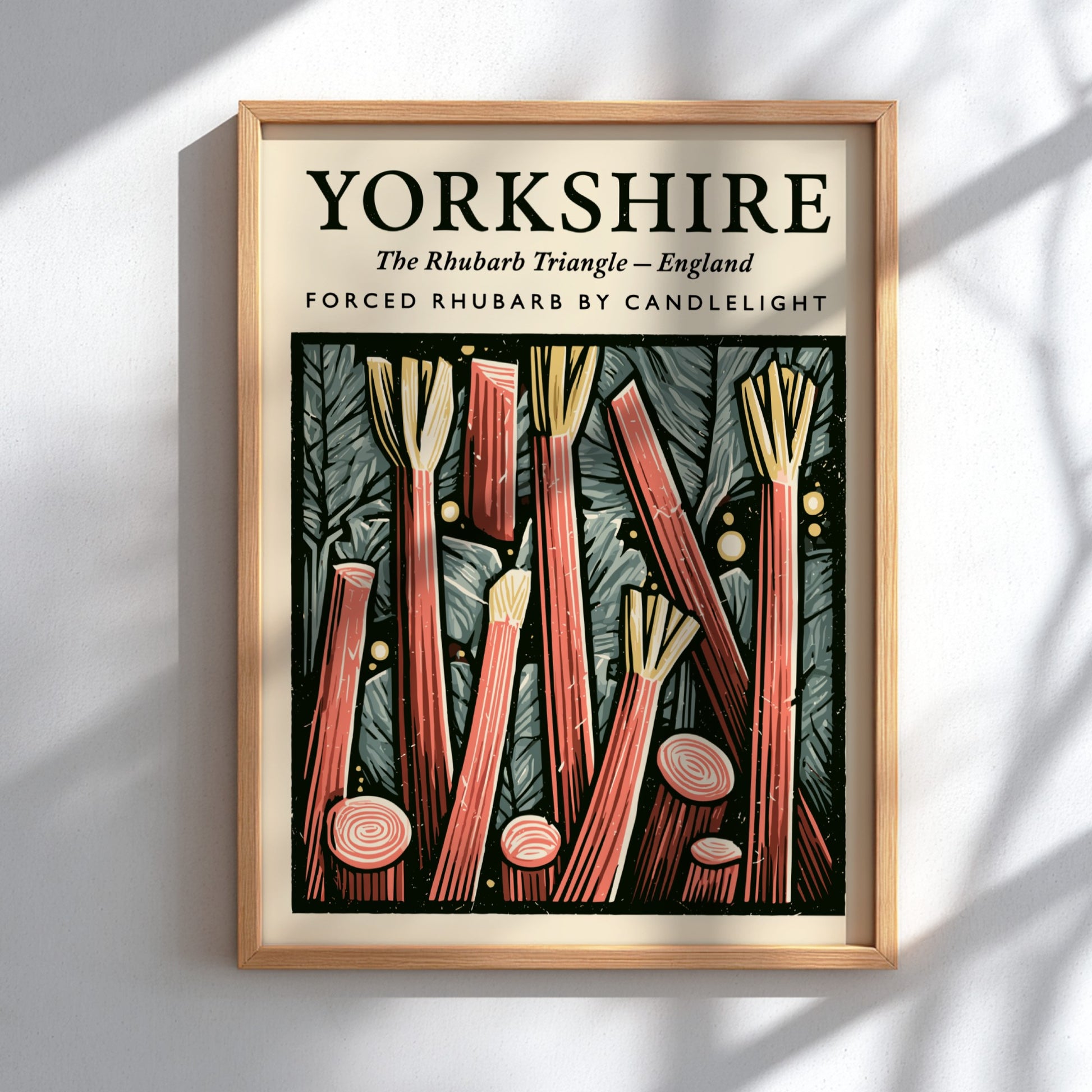 Kitchen poster featuring vibrant Yorkshire rhubarb with red stalks and textured background for warm decor