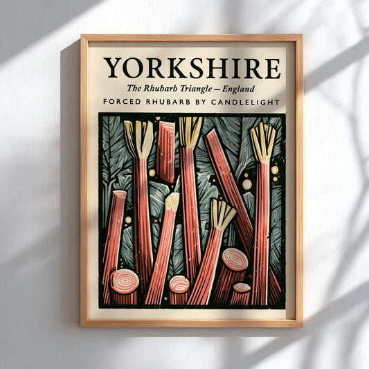 Kitchen poster featuring vibrant Yorkshire rhubarb with red stalks and textured background for warm decor
