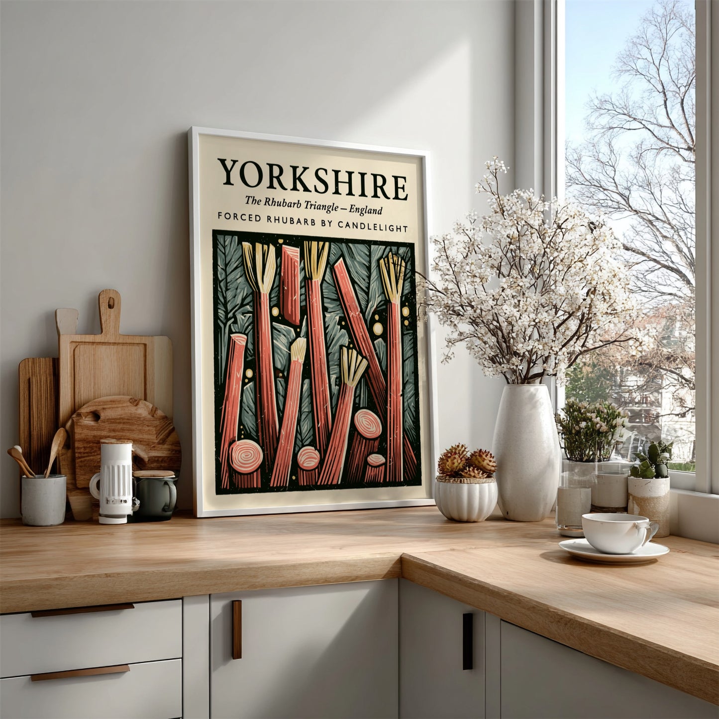 Kitchen poster featuring vibrant Yorkshire rhubarb with red stalks and textured background for warm decor