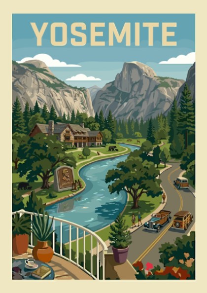 Vintage Yosemite Valley travel poster with river, mountains, lodge, and classic cars in a retro art style.