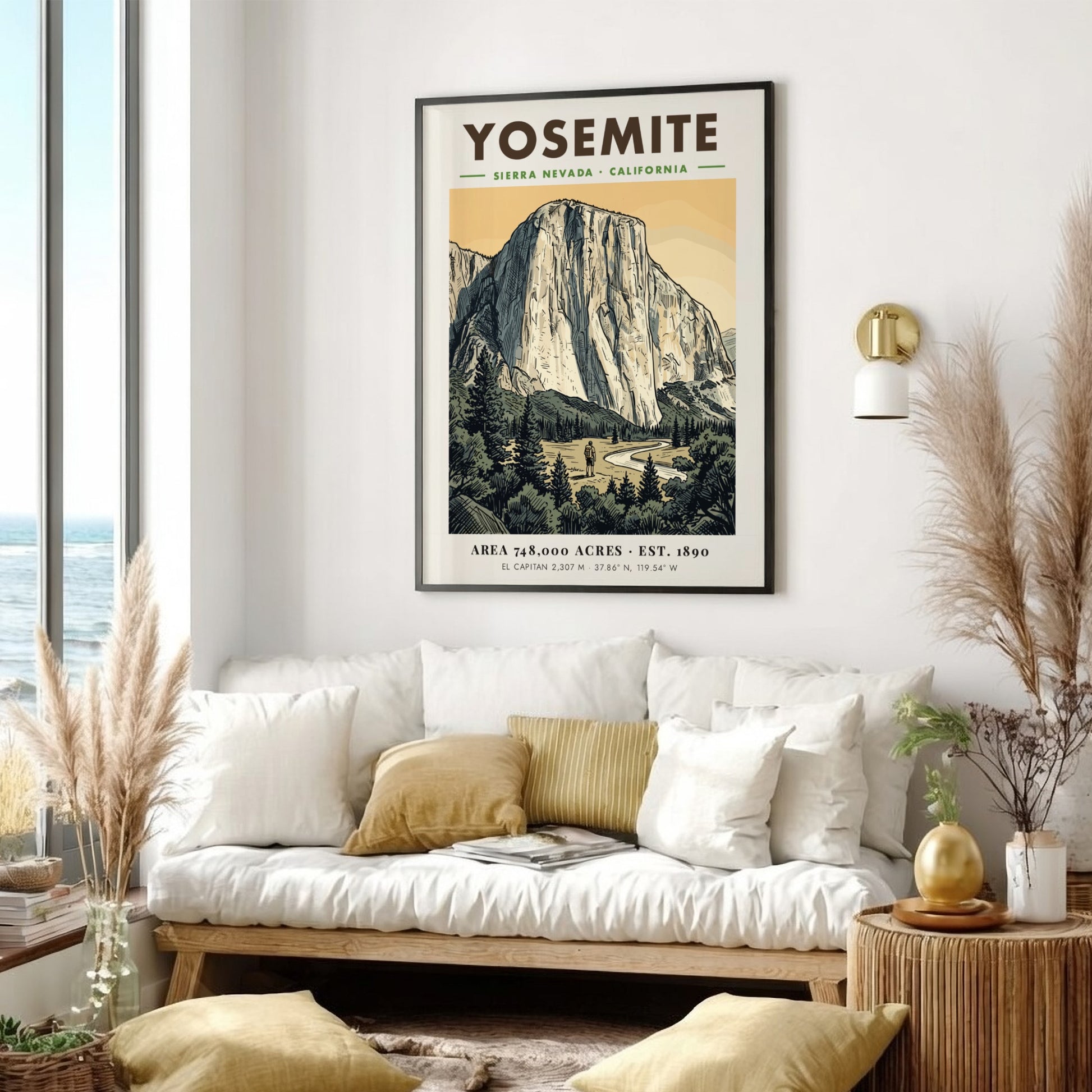 Poster of Yosemite National Park featuring El Capitan, a hiker, and forest scenery.