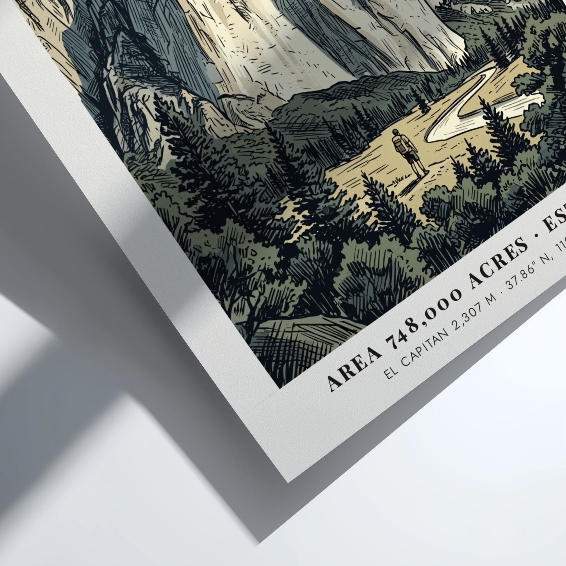 Poster of Yosemite National Park featuring El Capitan, a hiker, and forest scenery.