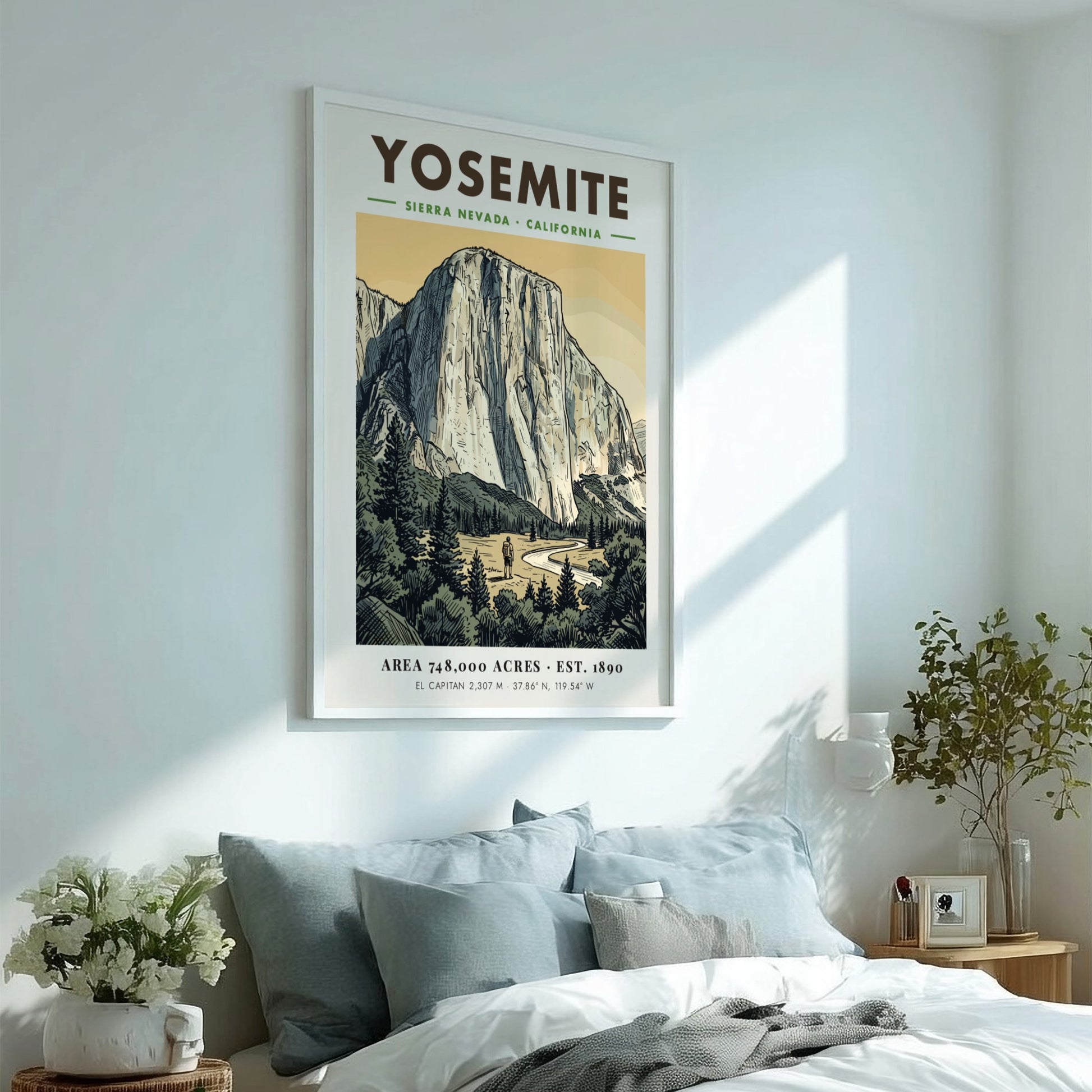 Poster of Yosemite National Park featuring El Capitan, a hiker, and forest scenery.