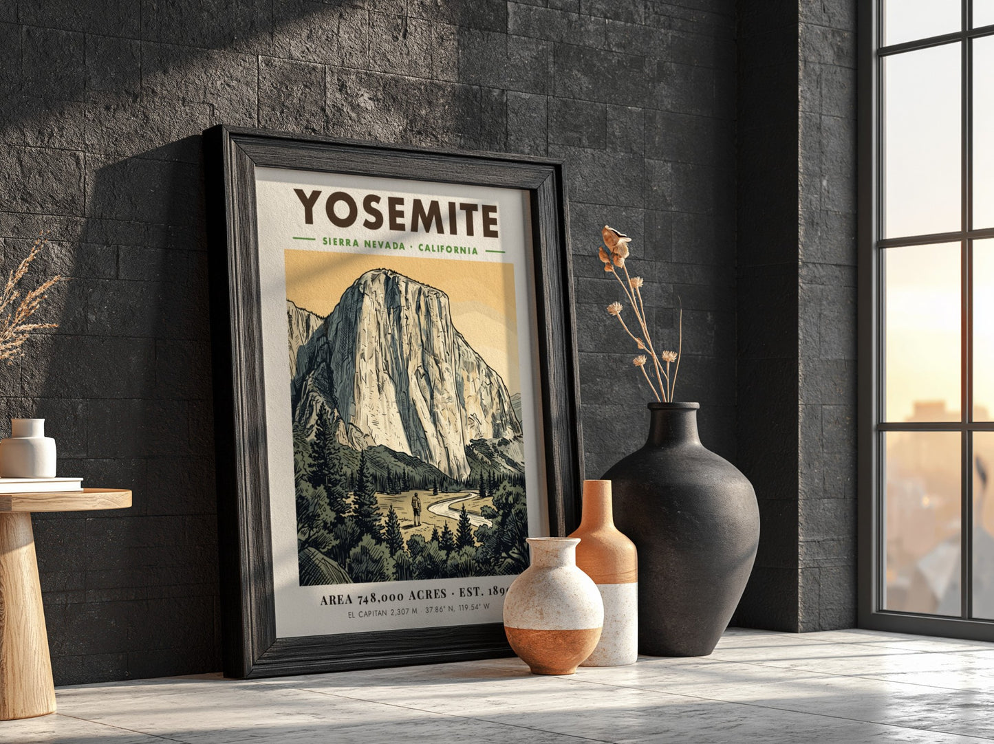 Poster of Yosemite National Park featuring El Capitan, a hiker, and forest scenery.
