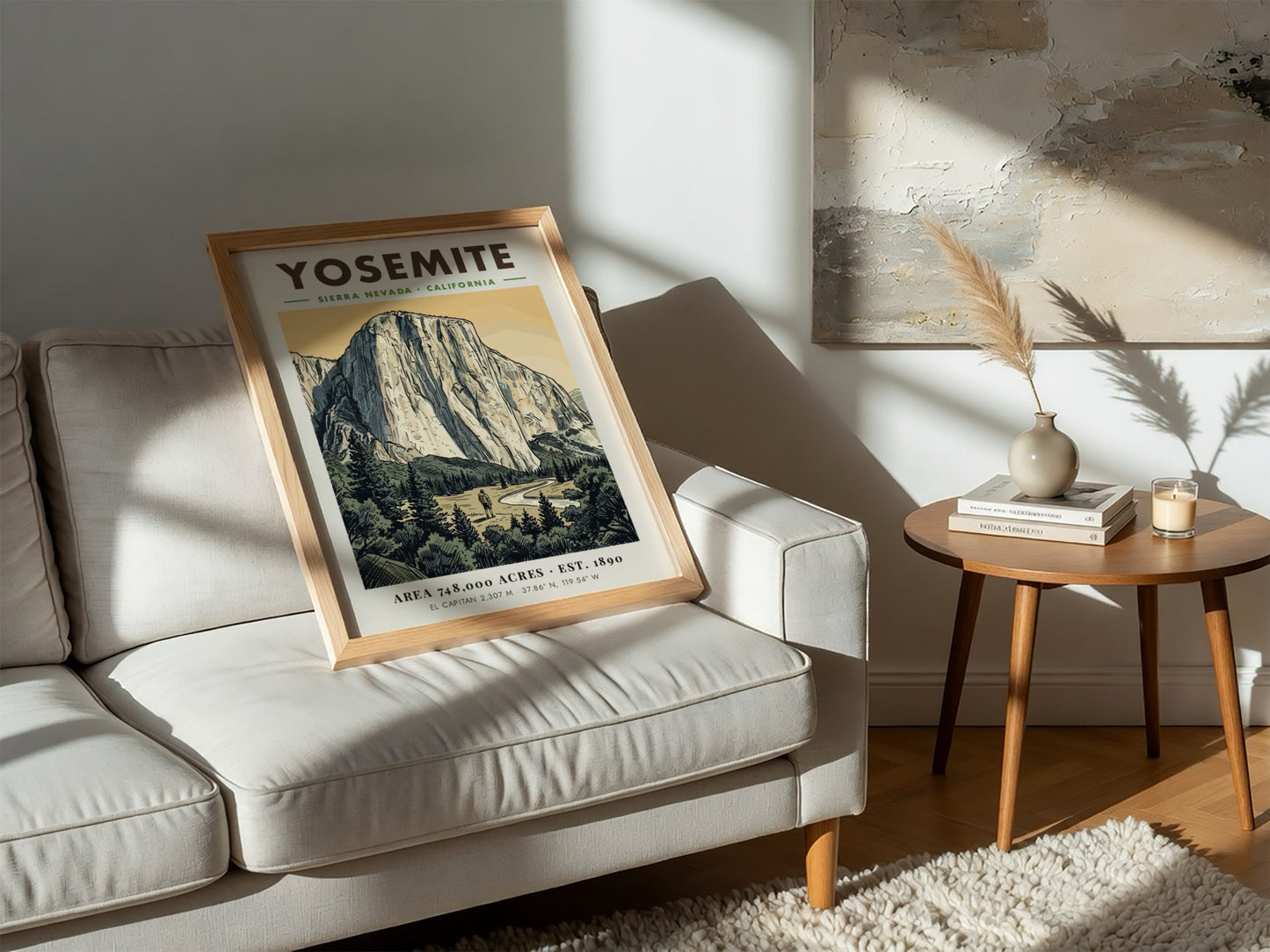 Poster of Yosemite National Park featuring El Capitan, a hiker, and forest scenery.