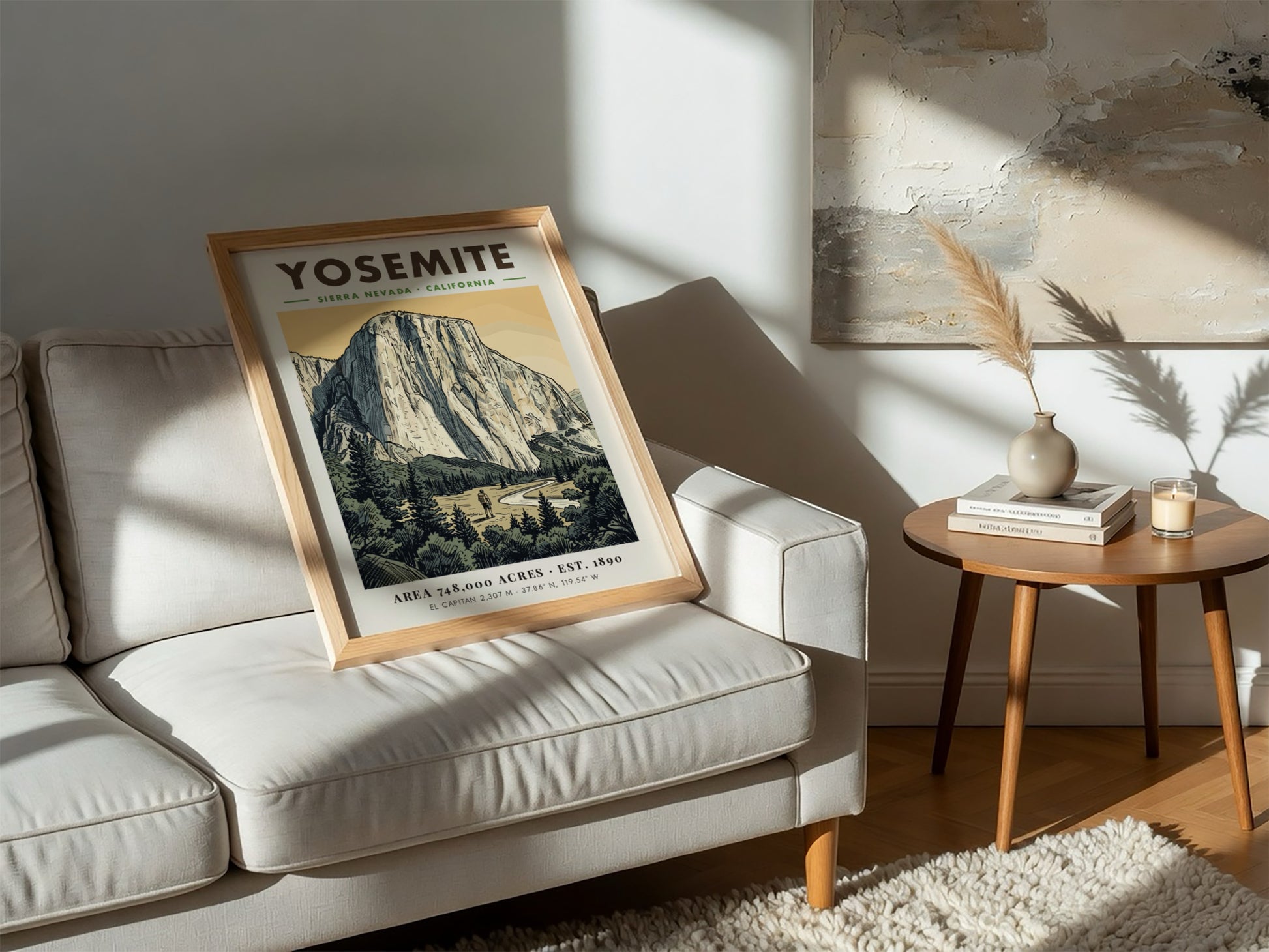 Poster of Yosemite National Park featuring El Capitan, a hiker, and forest scenery.