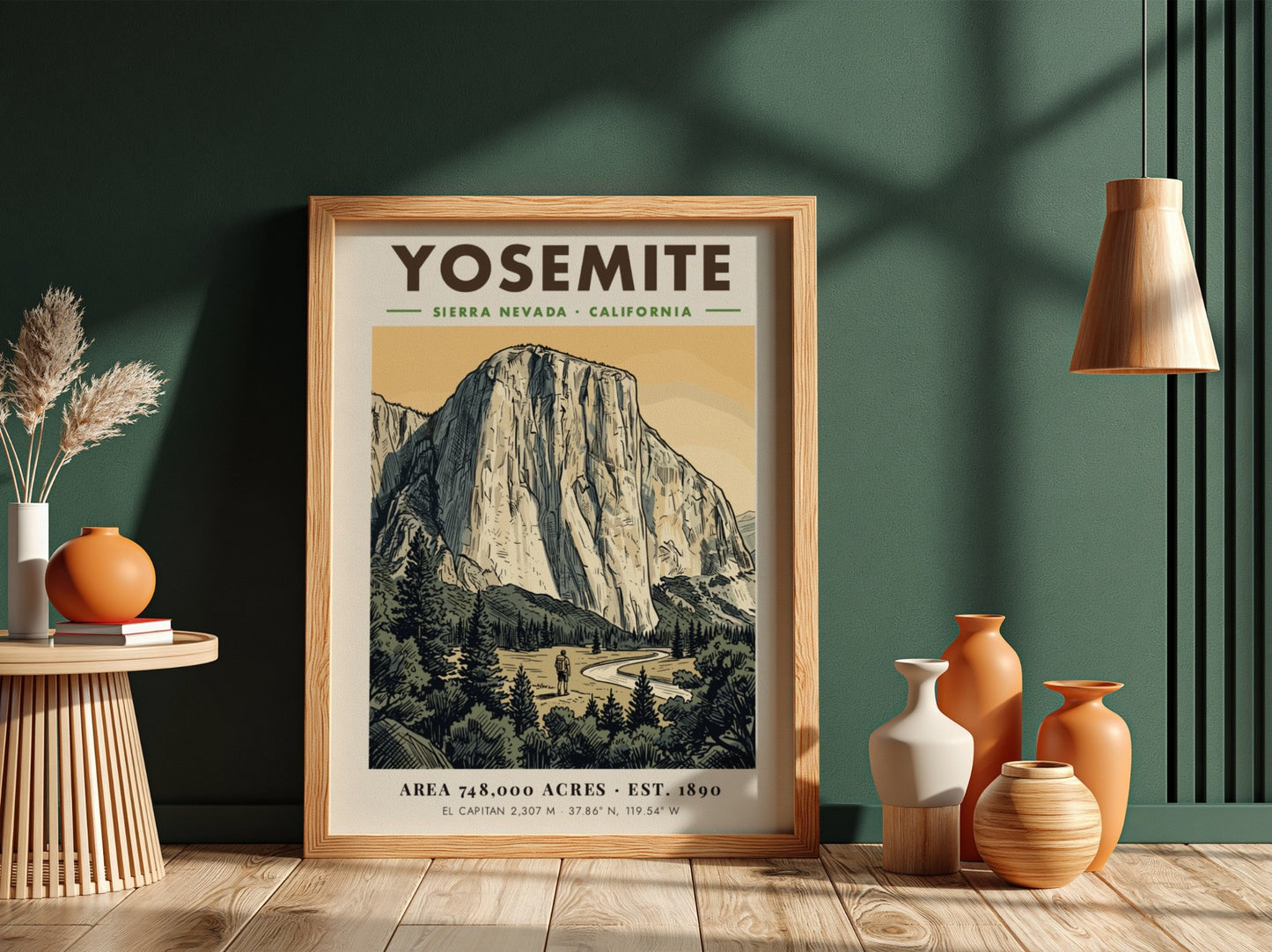 Poster of Yosemite National Park featuring El Capitan, a hiker, and forest scenery.