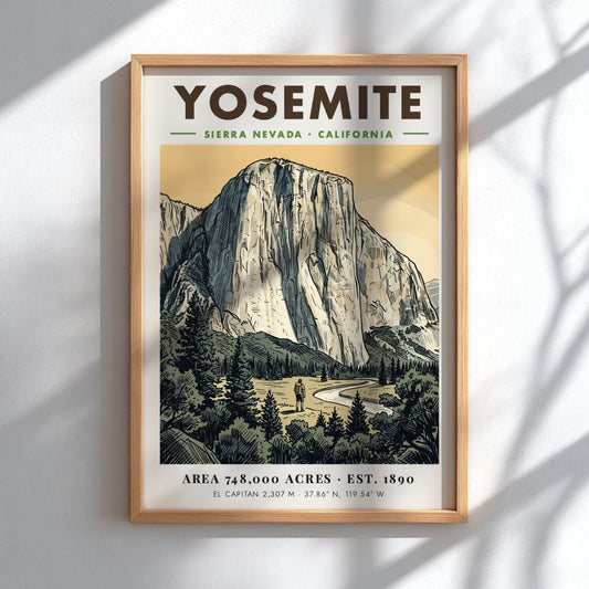 Poster of Yosemite National Park featuring El Capitan, a hiker, and forest scenery.