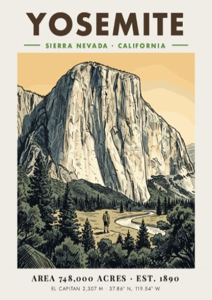 Poster of Yosemite National Park featuring El Capitan, a hiker, and forest scenery.
