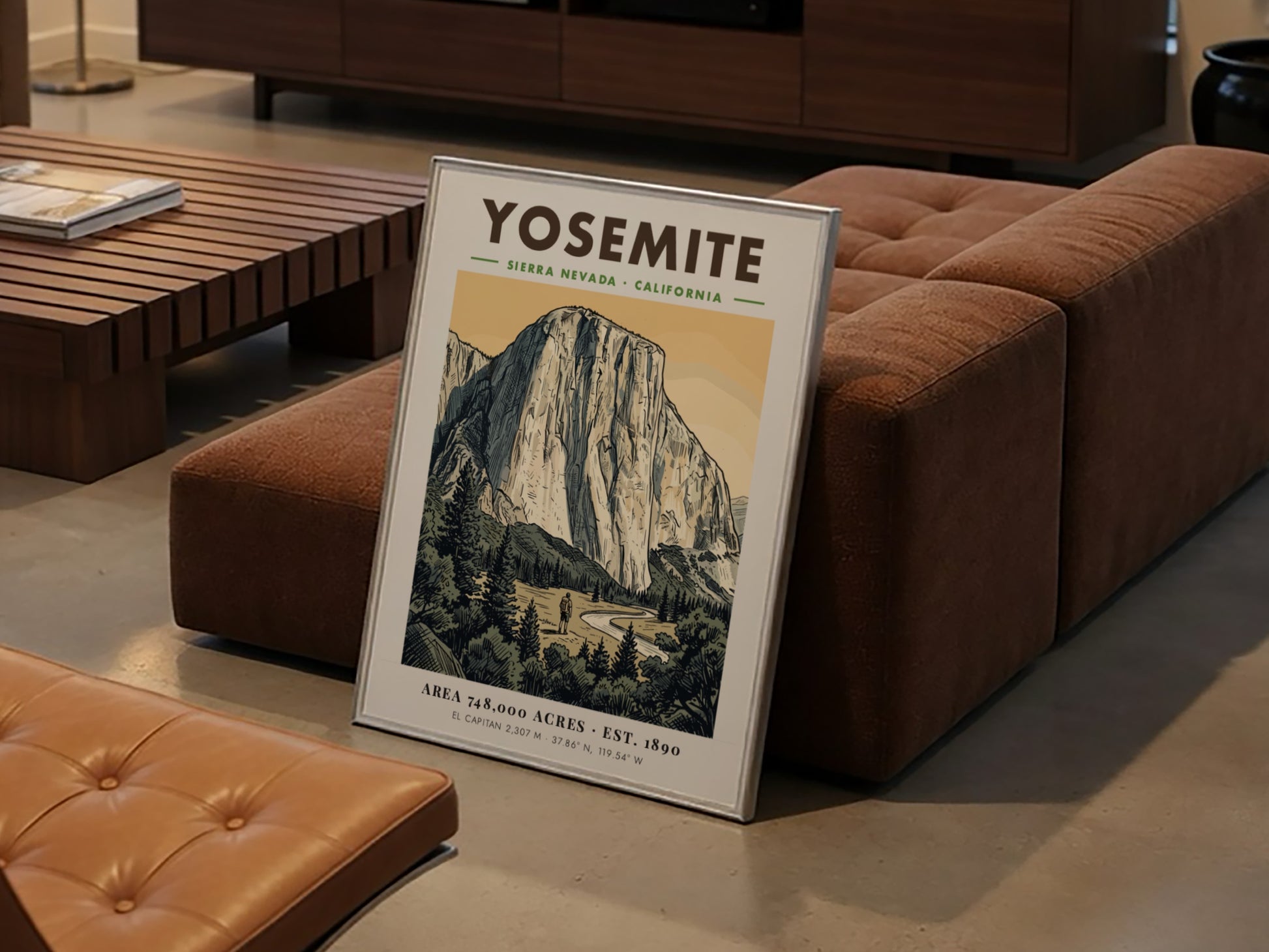 Poster of Yosemite National Park featuring El Capitan, a hiker, and forest scenery.