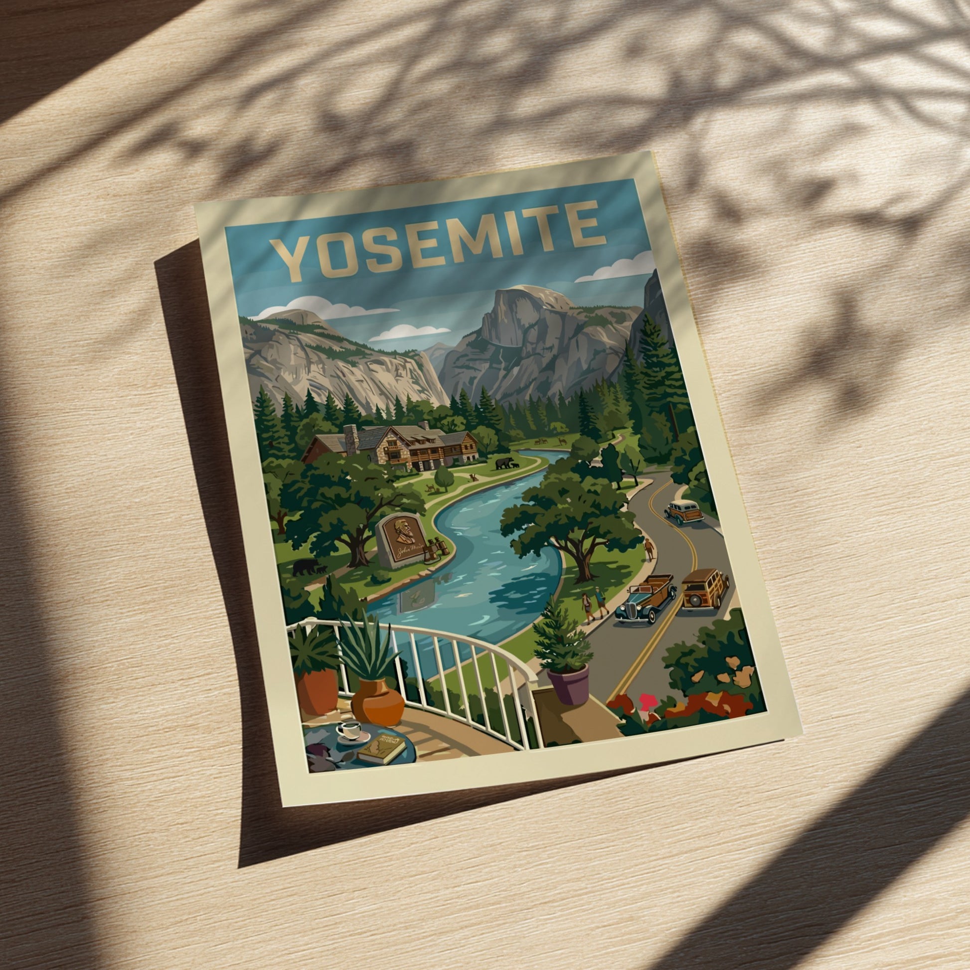 Vintage Yosemite Valley travel poster with river, mountains, lodge, and classic cars in a retro art style.