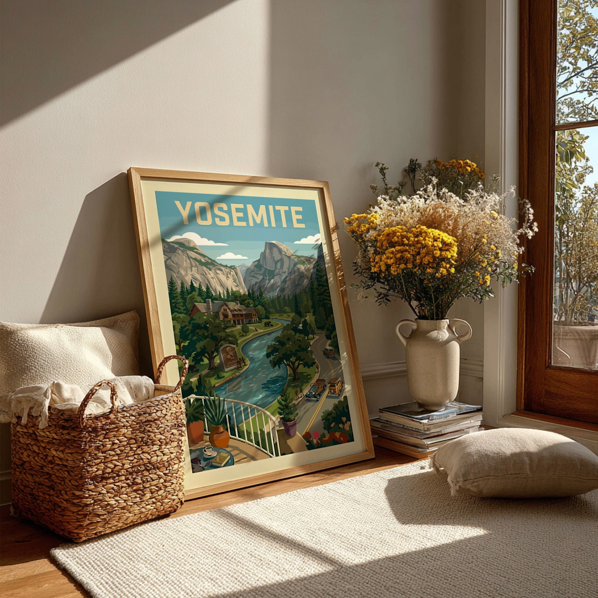 Vintage Yosemite Valley travel poster with river, mountains, lodge, and classic cars in a retro art style.