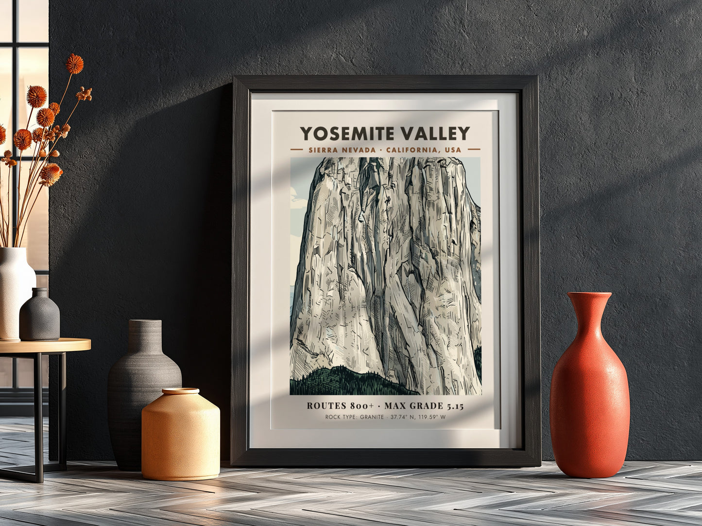 Poster featuring a detailed illustration of the granite walls in Yosemite Valley California