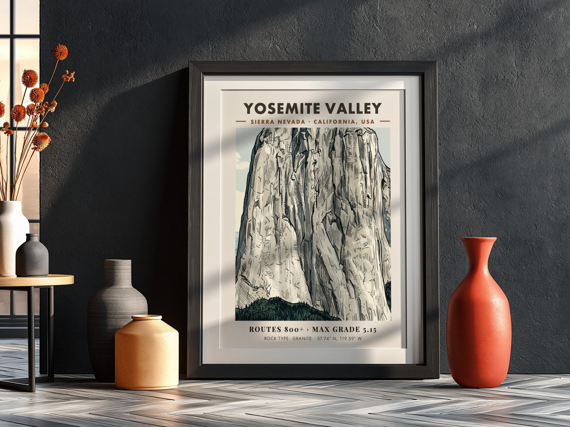 Poster featuring a detailed illustration of the granite walls in Yosemite Valley California