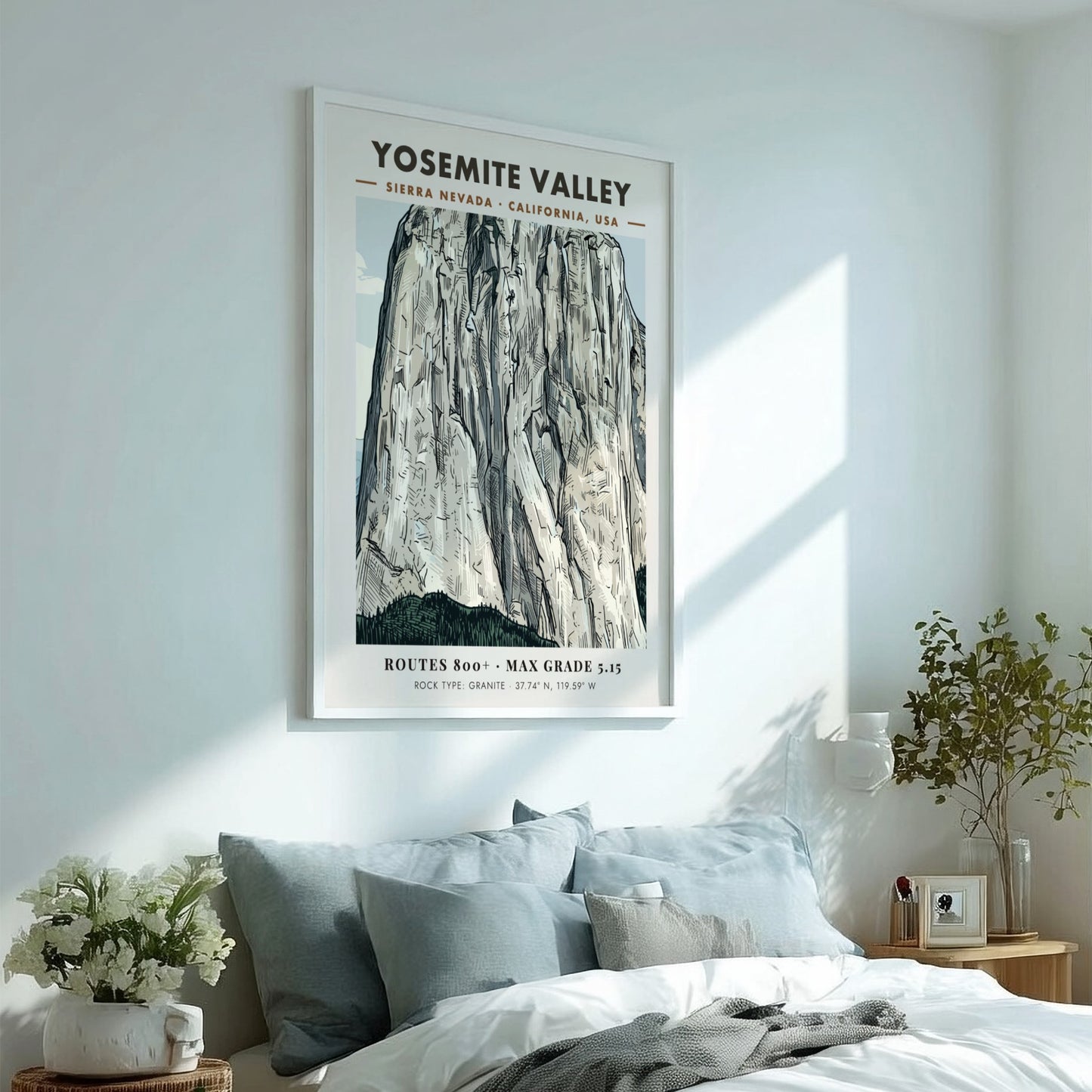 Poster featuring a detailed illustration of the granite walls in Yosemite Valley California