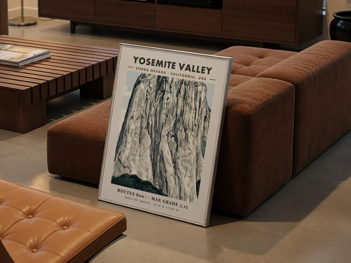 Poster featuring a detailed illustration of the granite walls in Yosemite Valley California