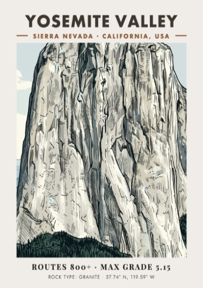 Poster featuring a detailed illustration of the granite walls in Yosemite Valley California
