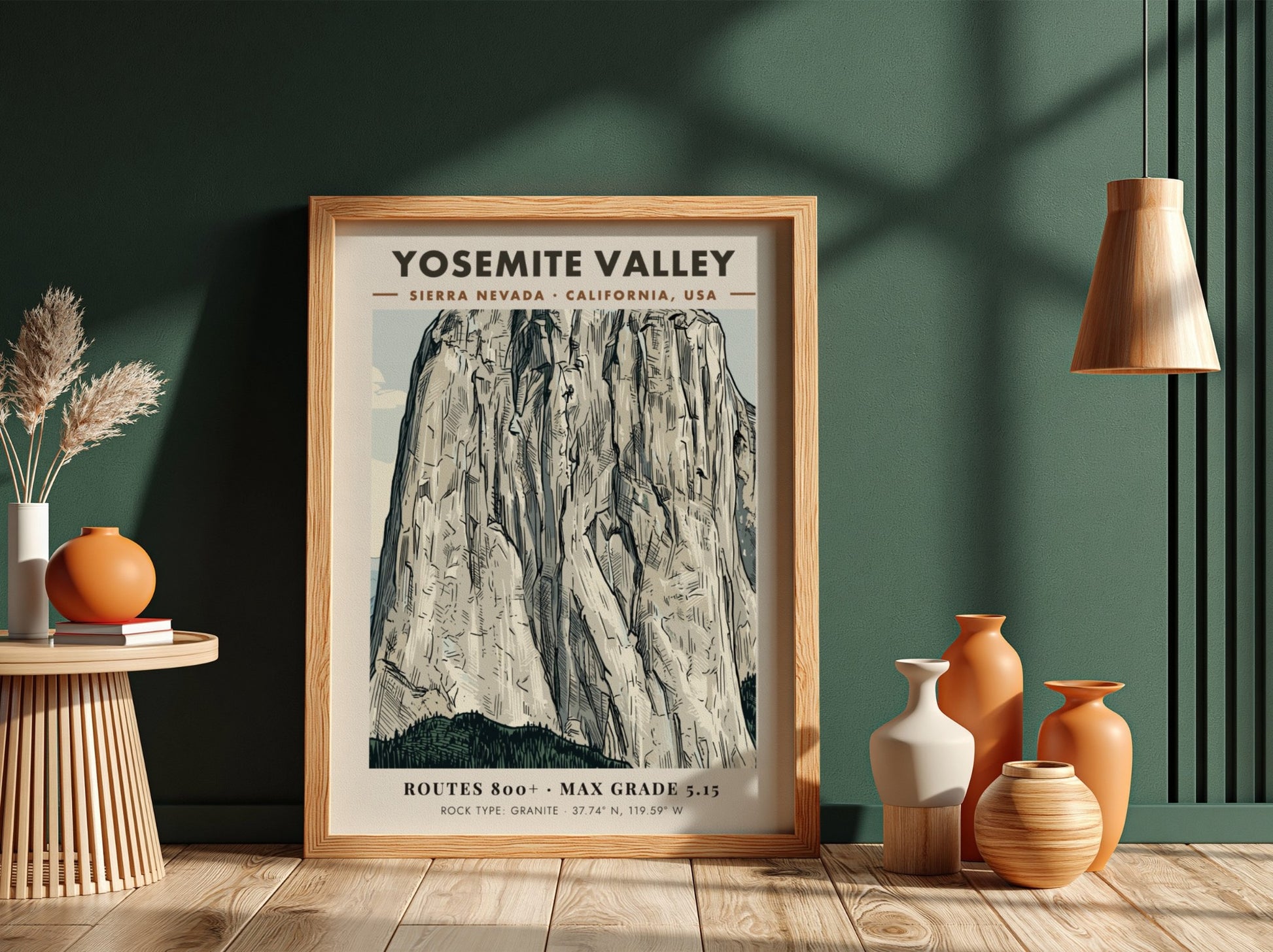 Poster featuring a detailed illustration of the granite walls in Yosemite Valley California
