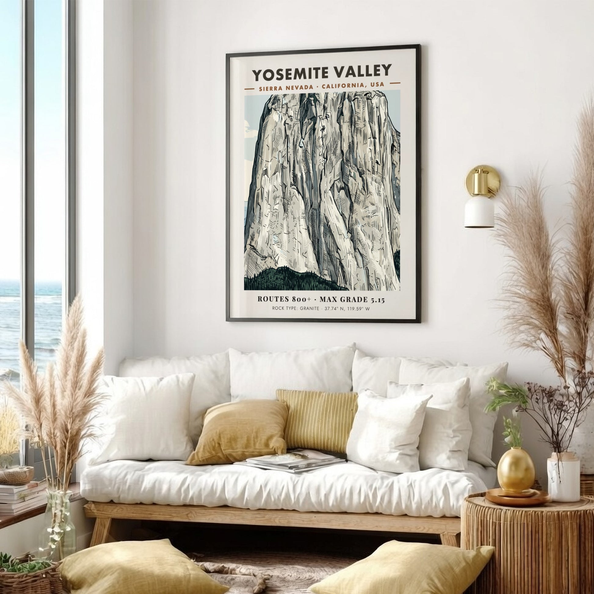 Poster featuring a detailed illustration of the granite walls in Yosemite Valley California