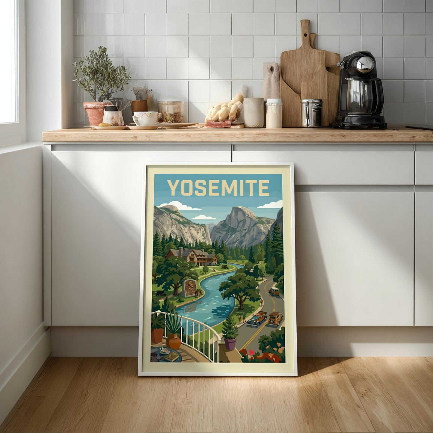 Vintage Yosemite Valley travel poster with river, mountains, lodge, and classic cars in a retro art style.
