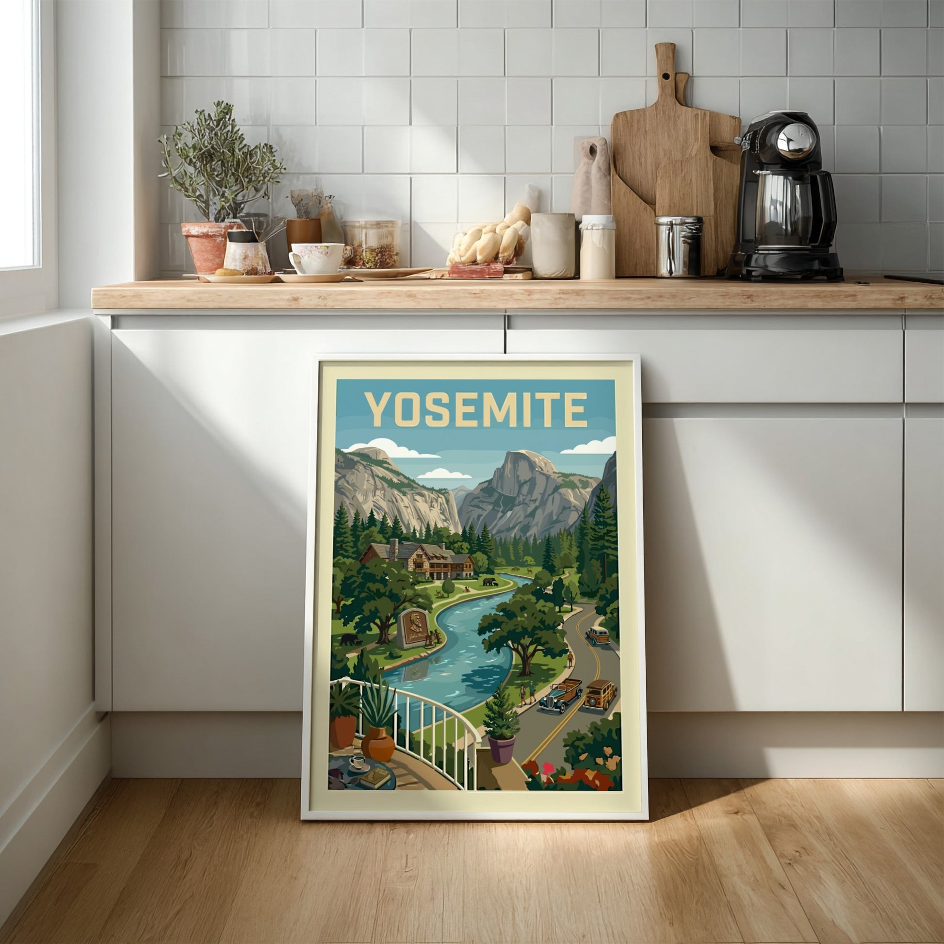 Vintage Yosemite Valley travel poster with river, mountains, lodge, and classic cars in a retro art style.