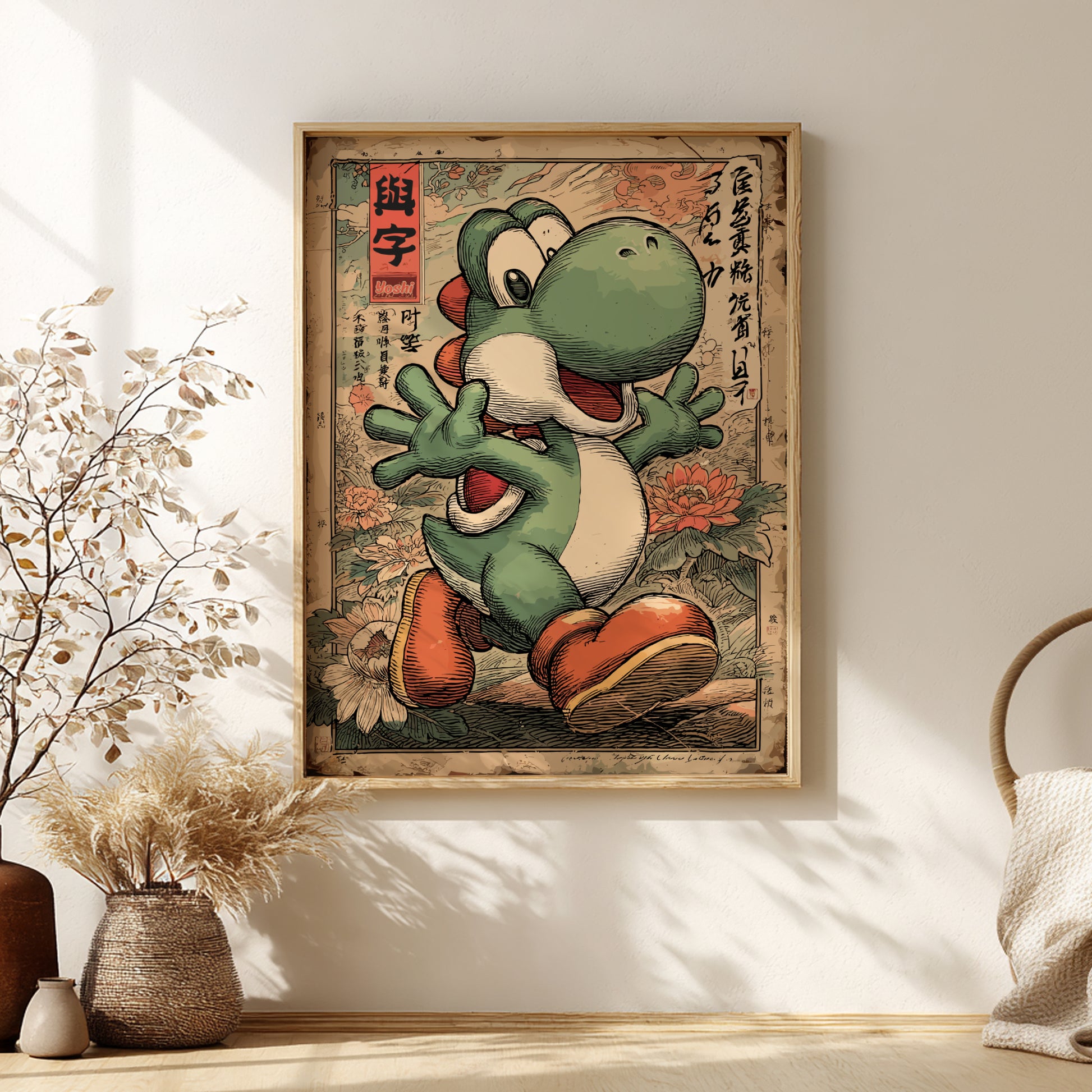 Framed artwork of Yoshi character with red shoes on a wall.