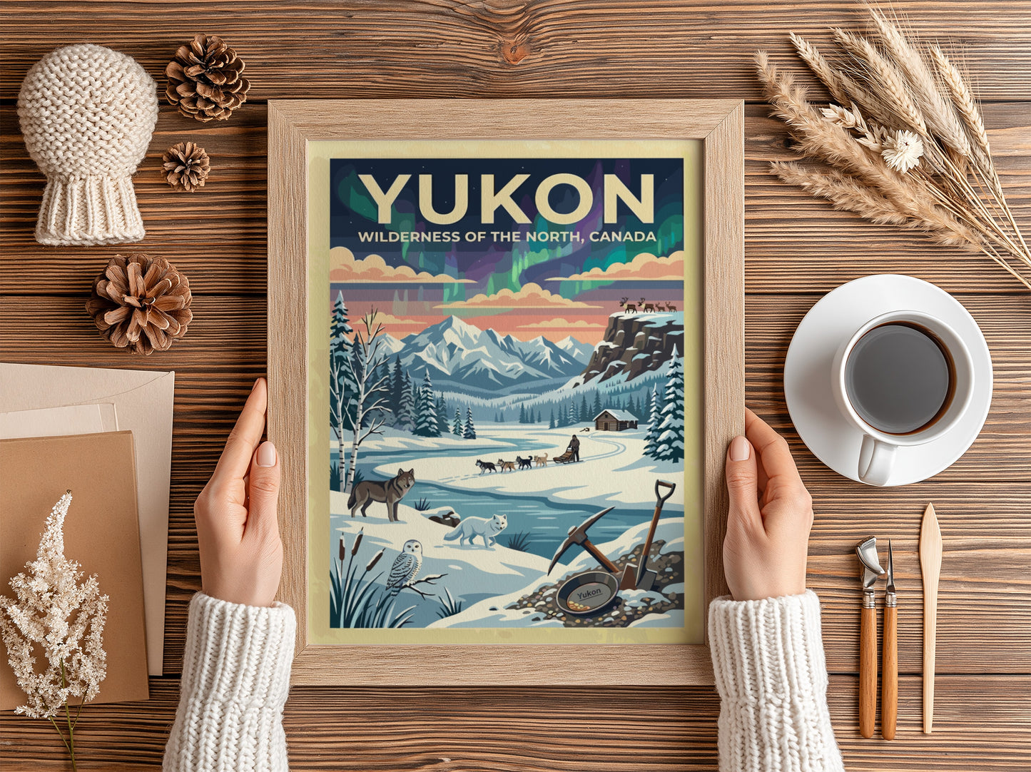 Travel poster of the Yukon featuring aurora borealis, a dog sled, and wildlife.