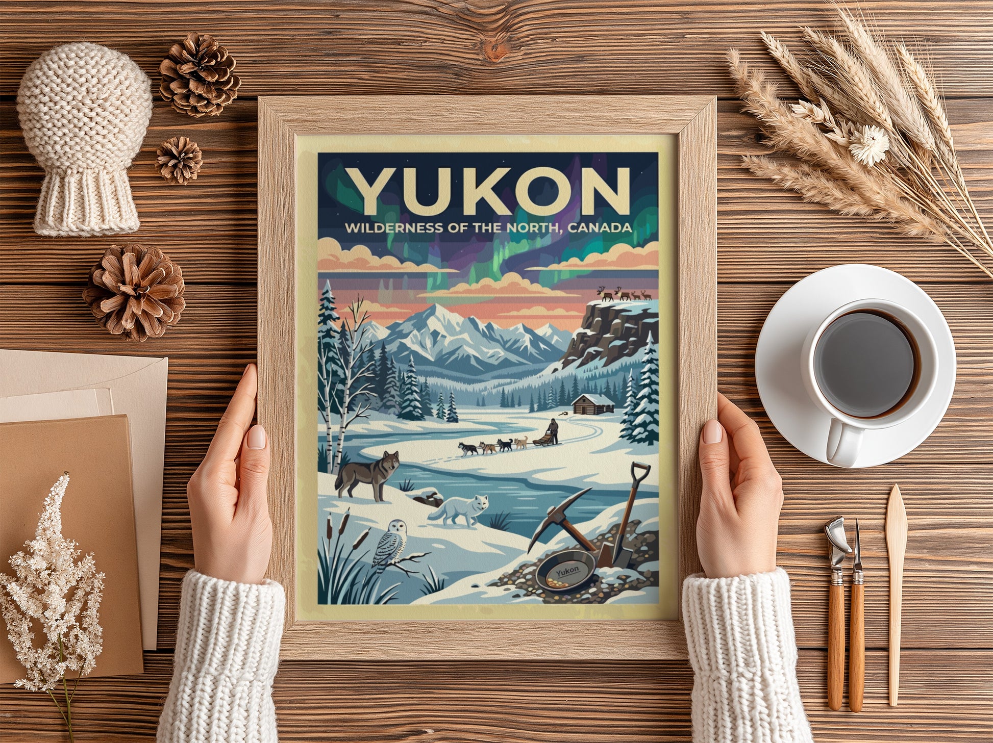 Travel poster of the Yukon featuring aurora borealis, a dog sled, and wildlife.