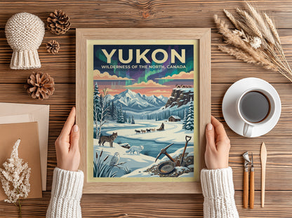Travel poster of the Yukon featuring aurora borealis, a dog sled, and wildlife.