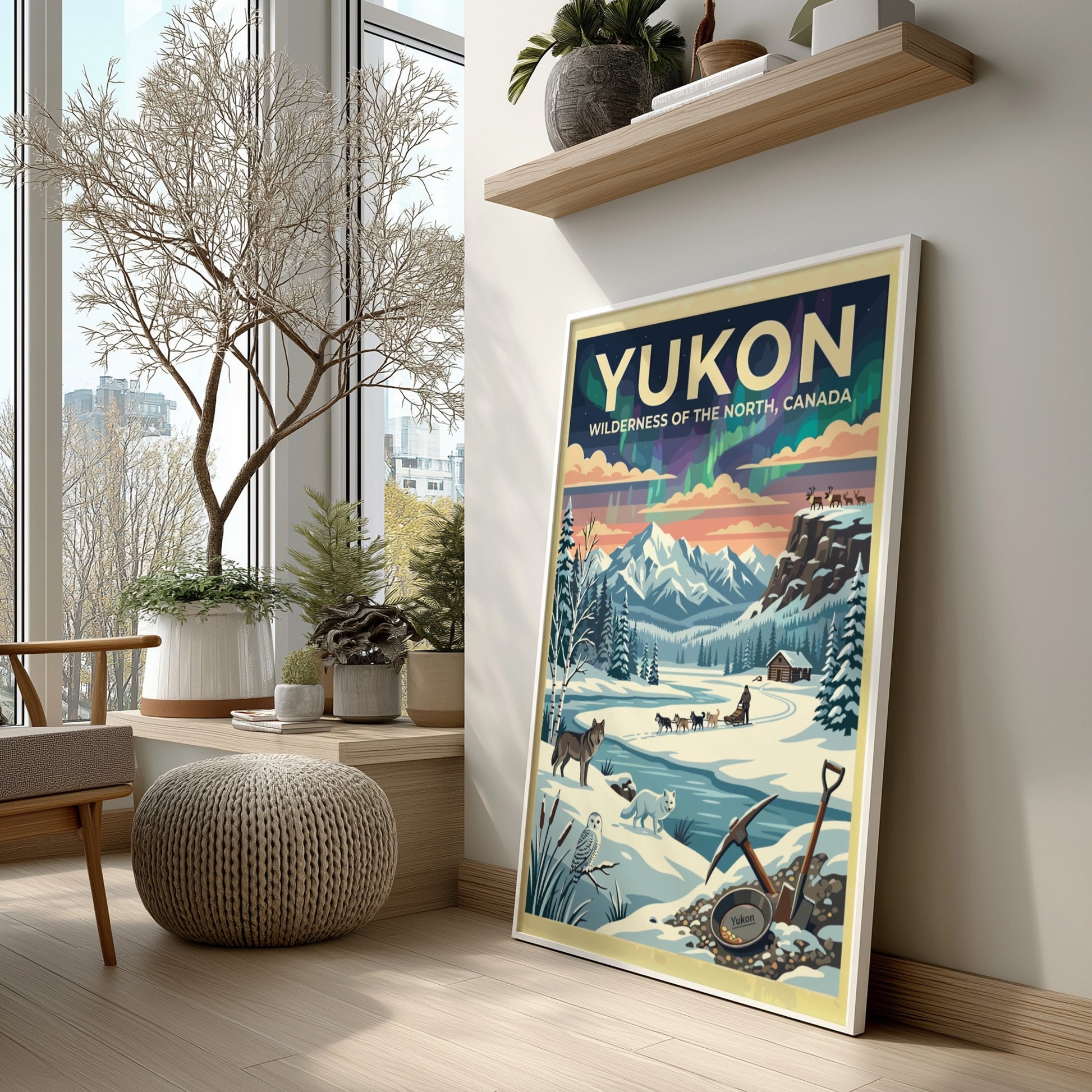 Travel poster of the Yukon featuring aurora borealis, a dog sled, and wildlife.