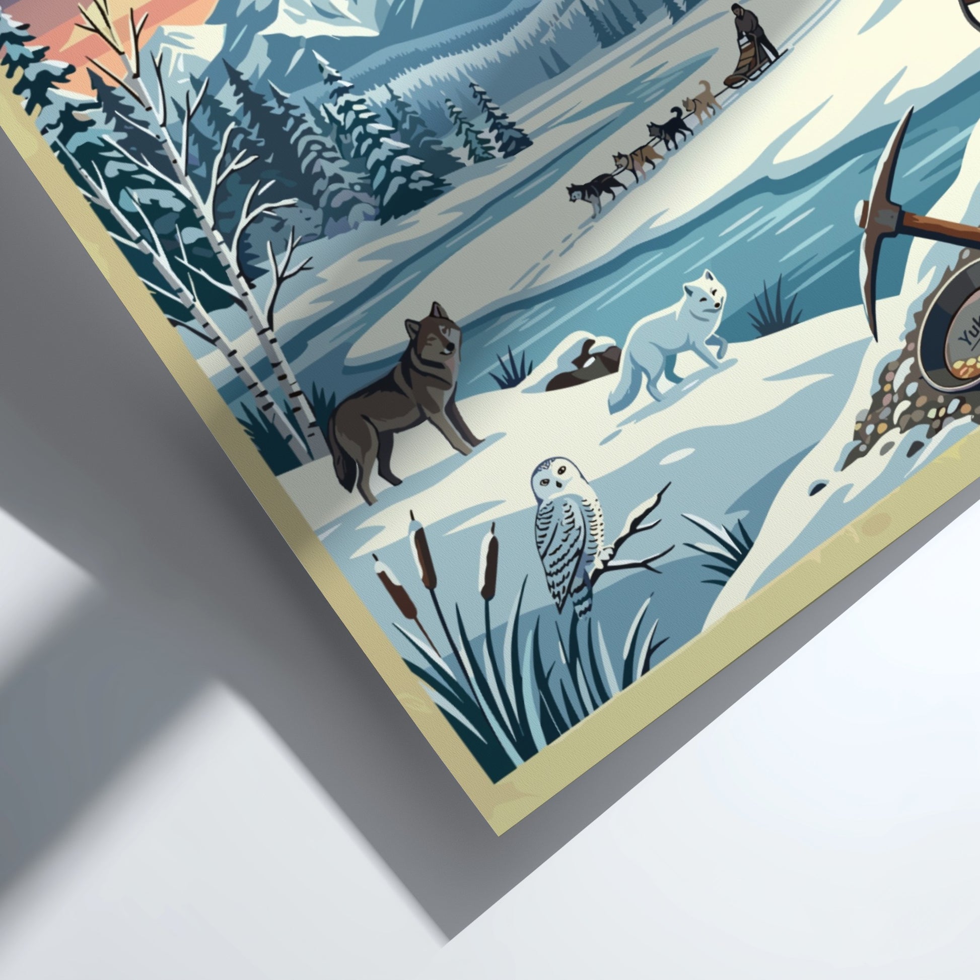Travel poster of the Yukon featuring aurora borealis, a dog sled, and wildlife.