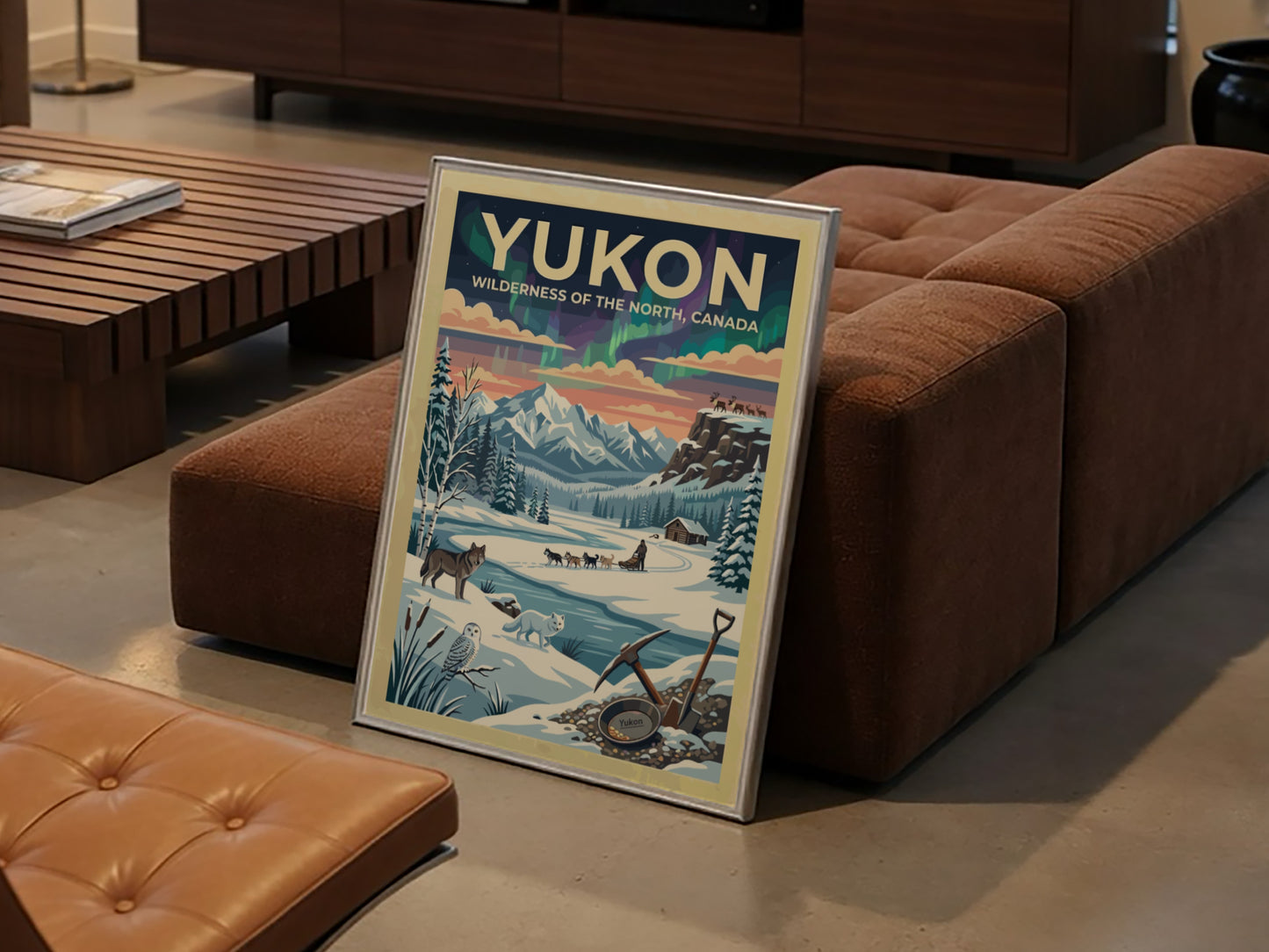 Travel poster of the Yukon featuring aurora borealis, a dog sled, and wildlife.