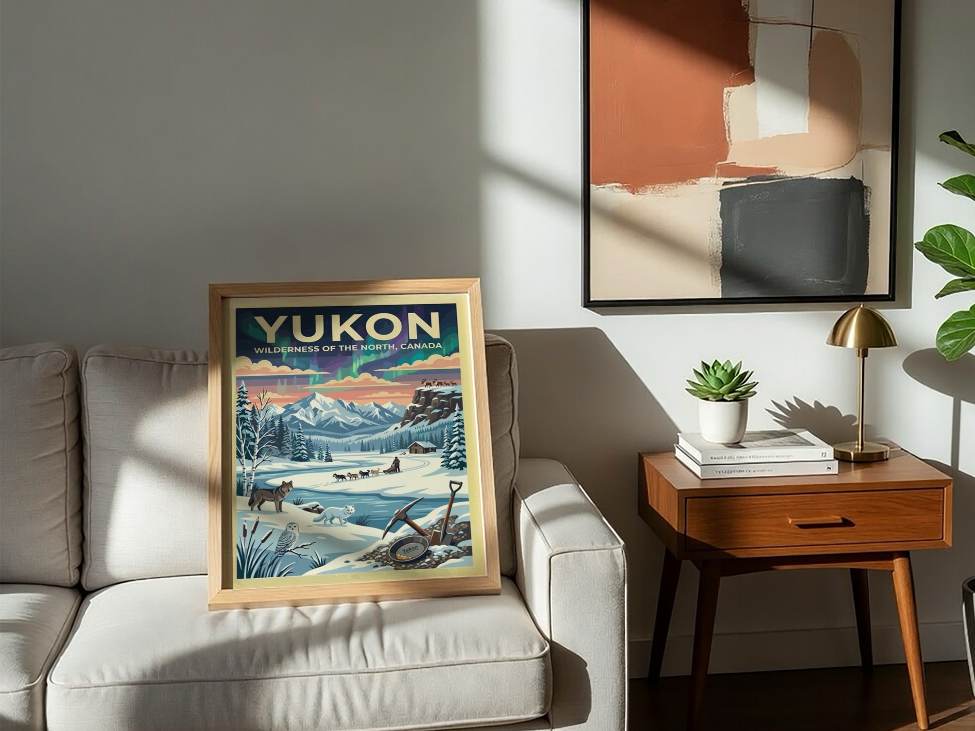 Travel poster of the Yukon featuring aurora borealis, a dog sled, and wildlife.