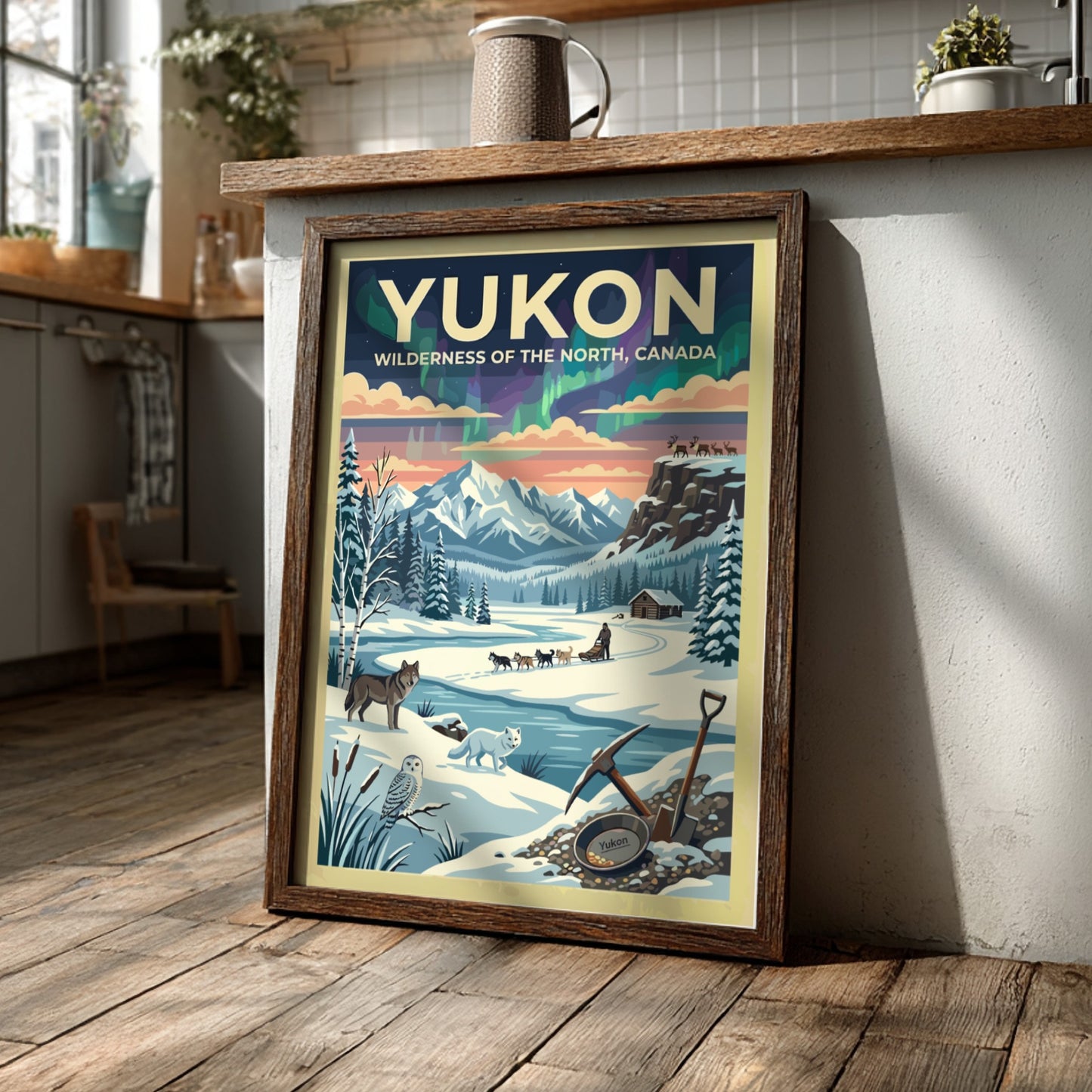 Travel poster of the Yukon featuring aurora borealis, a dog sled, and wildlife.