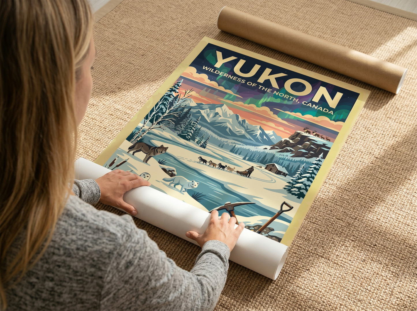 Travel poster of the Yukon featuring aurora borealis, a dog sled, and wildlife.
