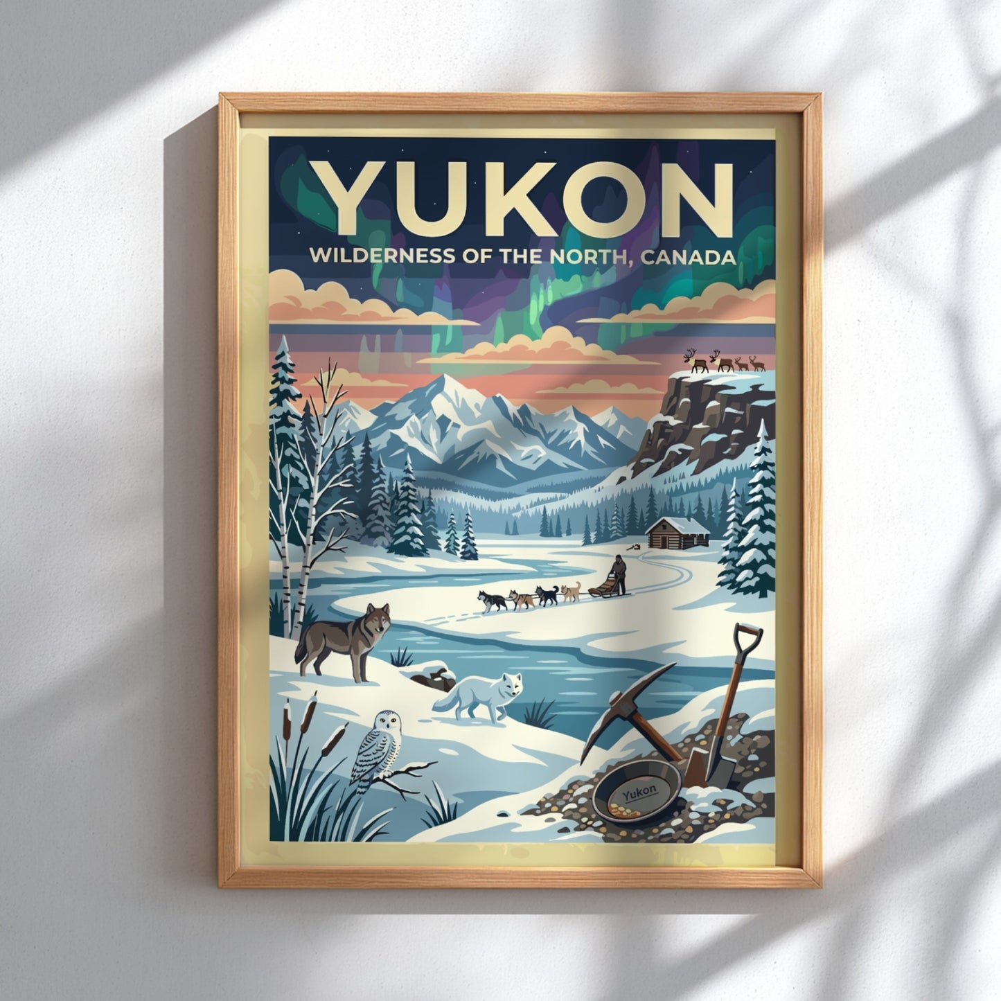 Travel poster of the Yukon featuring aurora borealis, a dog sled, and wildlife.