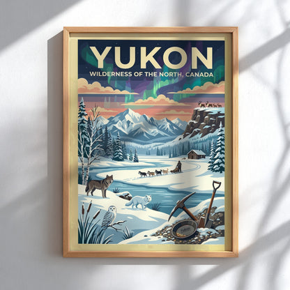 Travel poster of the Yukon featuring aurora borealis, a dog sled, and wildlife.