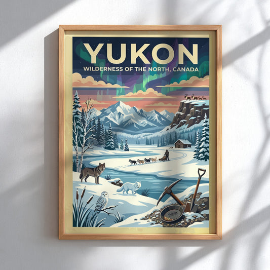 Travel poster of the Yukon featuring aurora borealis, a dog sled, and wildlife.