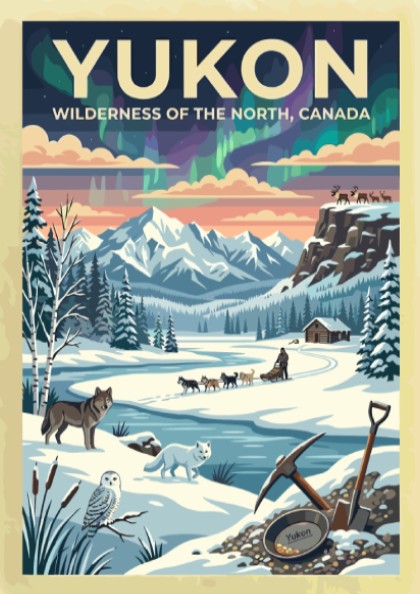 Travel poster of the Yukon featuring aurora borealis, a dog sled, and wildlife.