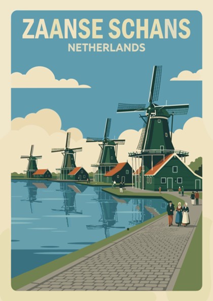 Poster of Zaanse Schans Netherlands featuring green windmills along a canal in retro style.