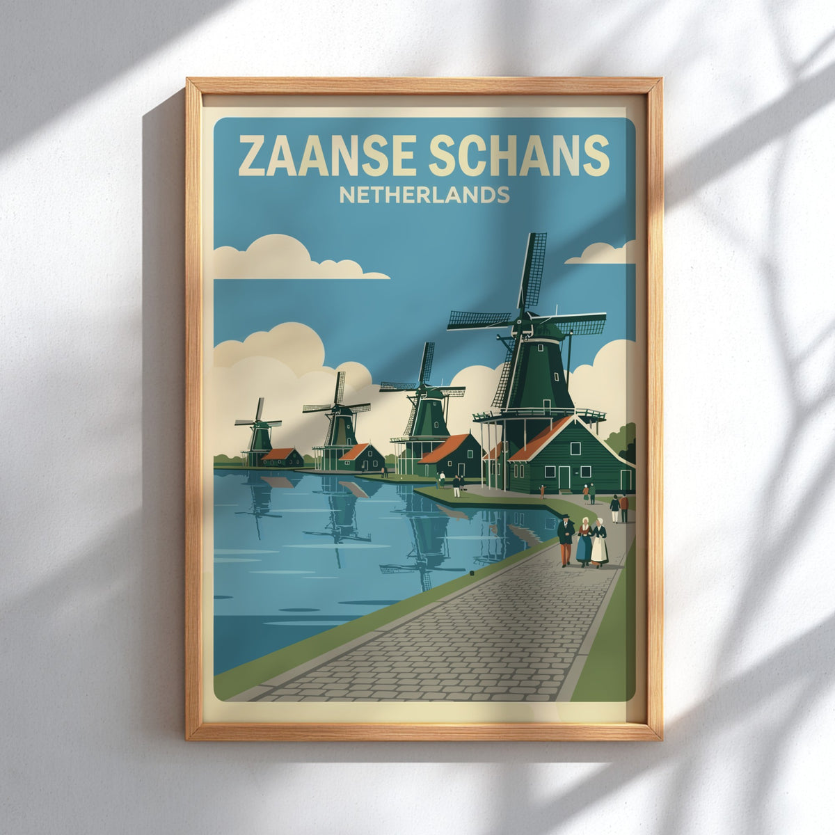Poster of Zaanse Schans Netherlands featuring green windmills along a canal in retro style.