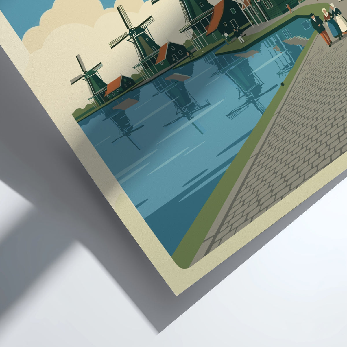 Poster of Zaanse Schans Netherlands featuring green windmills along a canal in retro style.